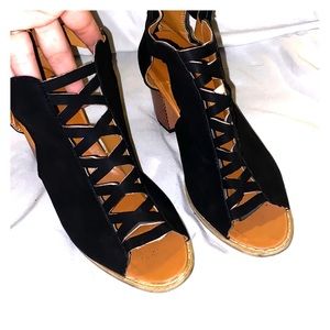 Black lace front heeled sandal